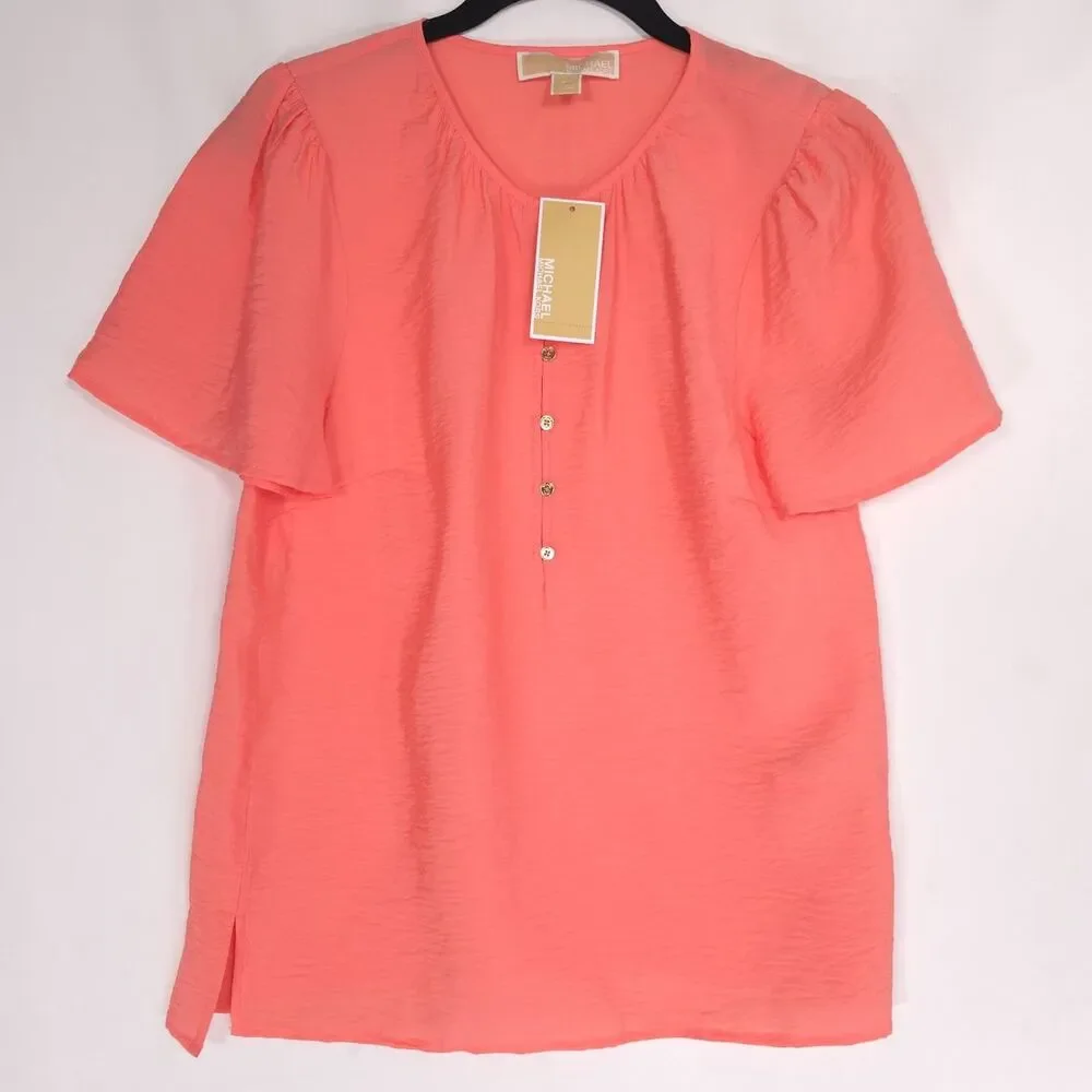 MICHAEL KORS Womens New Top Blouse SMALL Flutter Sleeve Coral QS540UU9A7 Casual